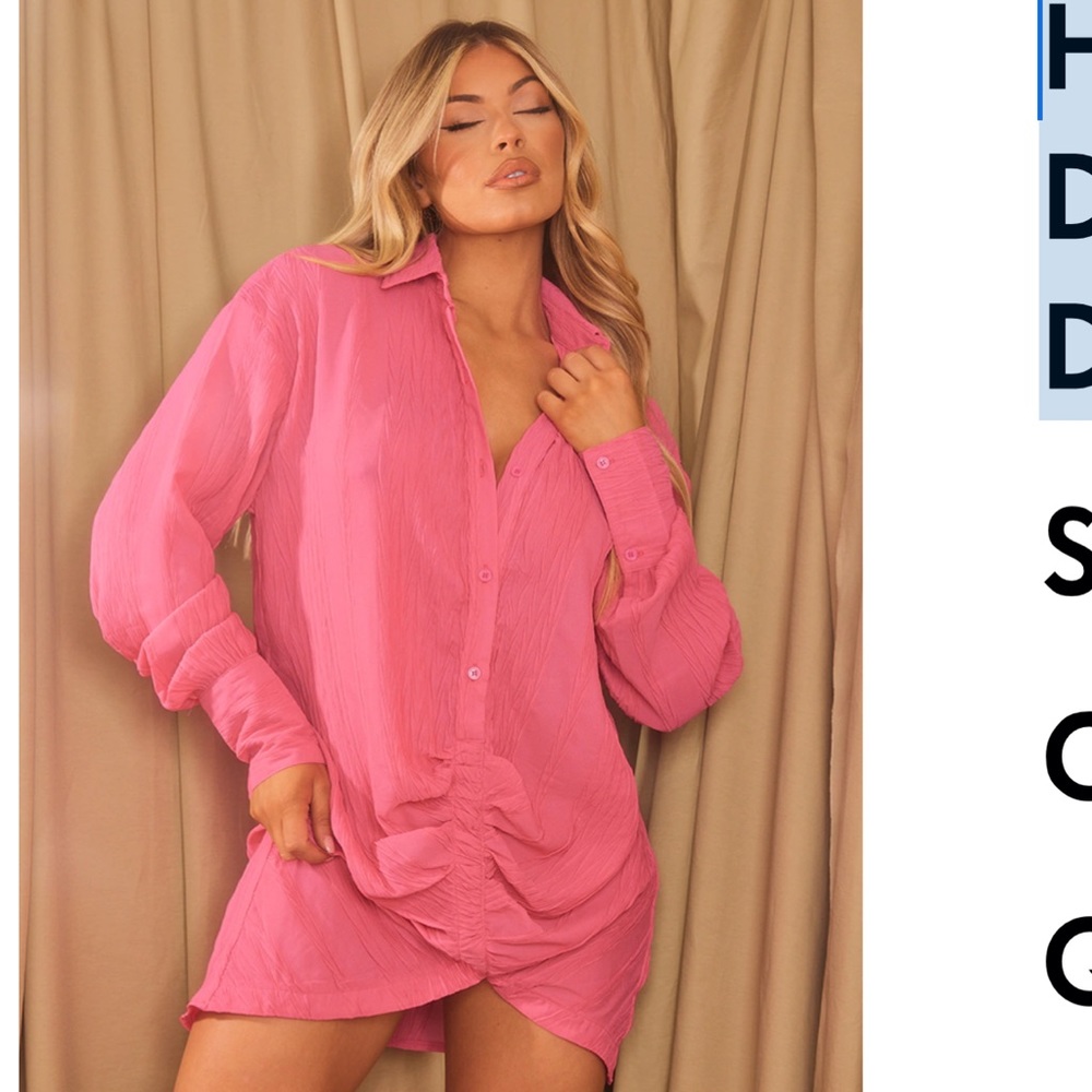 Hot Pink Textured Gathered Detail Long Sleeve Shirt Dress
